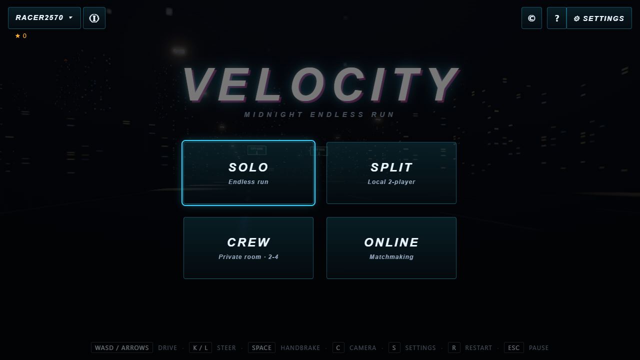 Velocity title screen with car select