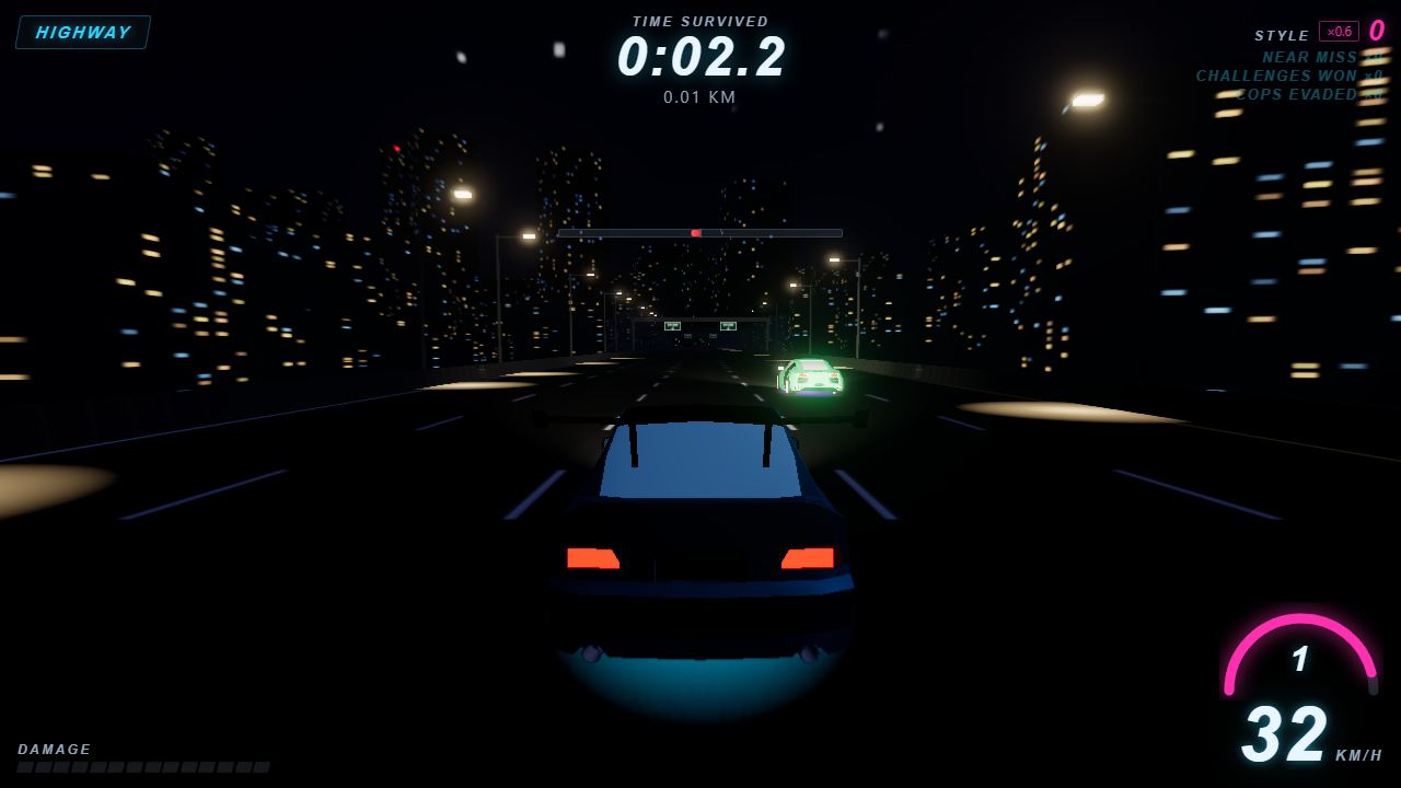 Street-level chase-cam view weaving through night-city traffic