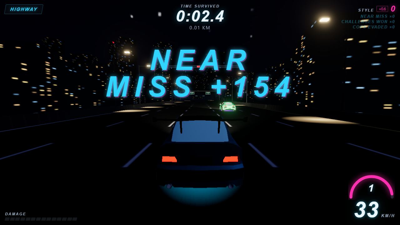 Near-miss scoring popup during a night-city street run in Velocity
